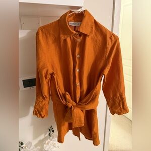 Farinaz Taghavi Orange Tie Waist Rapture Linen Blend Button Down Tunic Sz 8